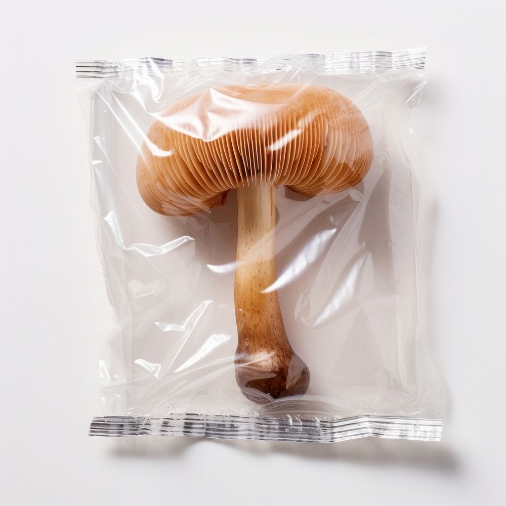 Plastic wrapping over a mushroom fungus white background freshness.