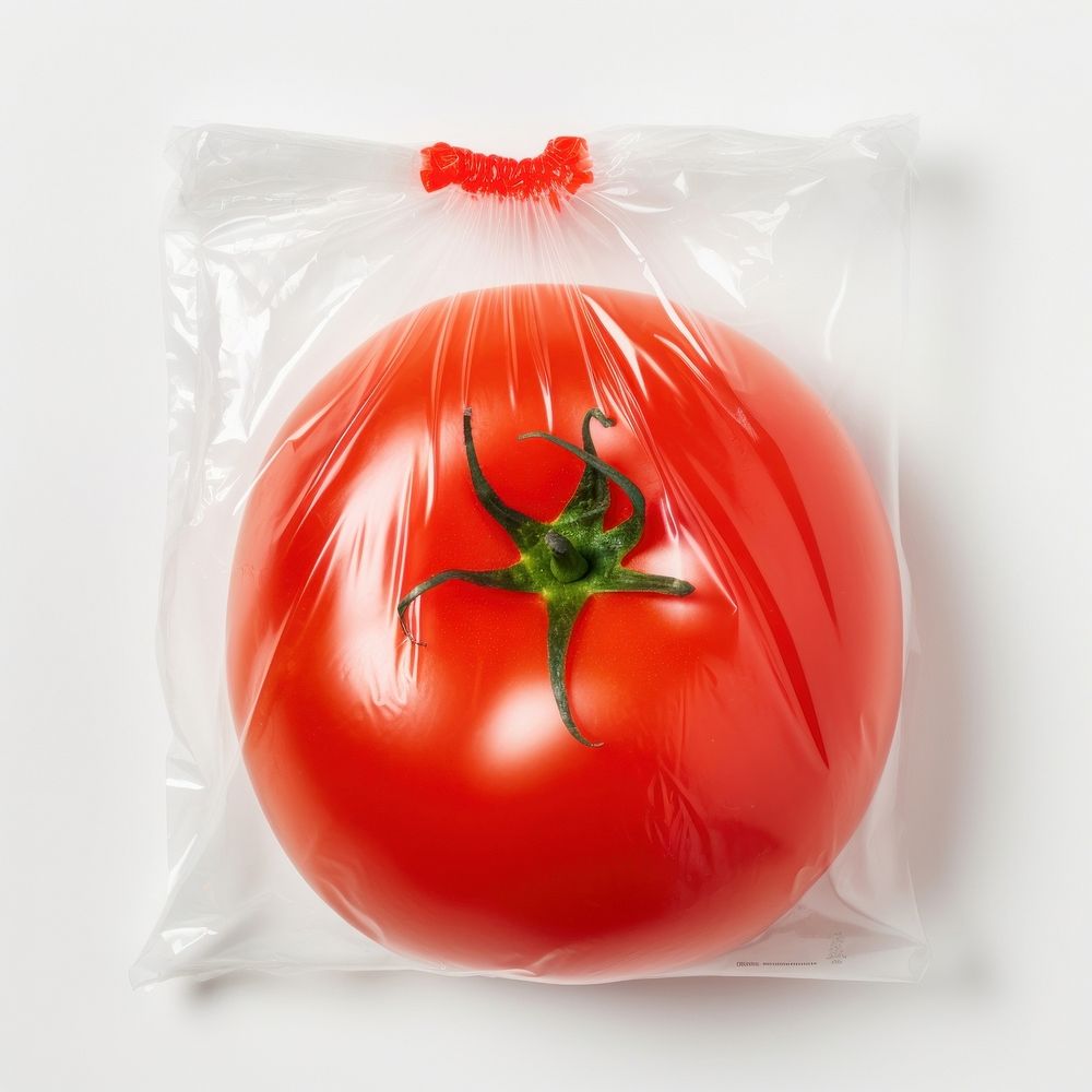 Plastic wrapping over a tomato vegetable plant food.
