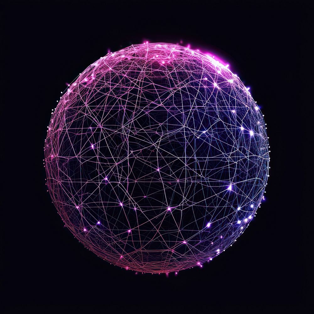 Digital sphere lights connected in lines in the style of neon lights technology purple space.