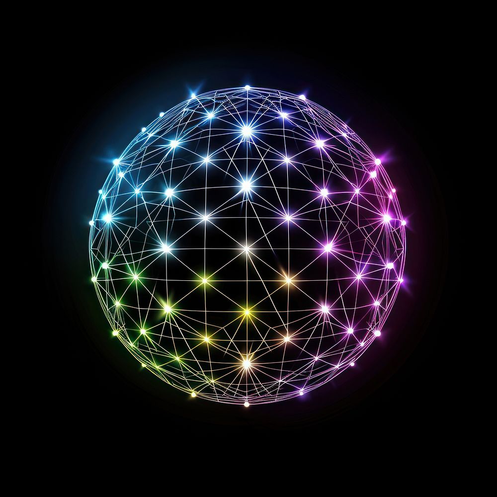 Digital sphere lights connected in lines in the style of neon lights technology night space.