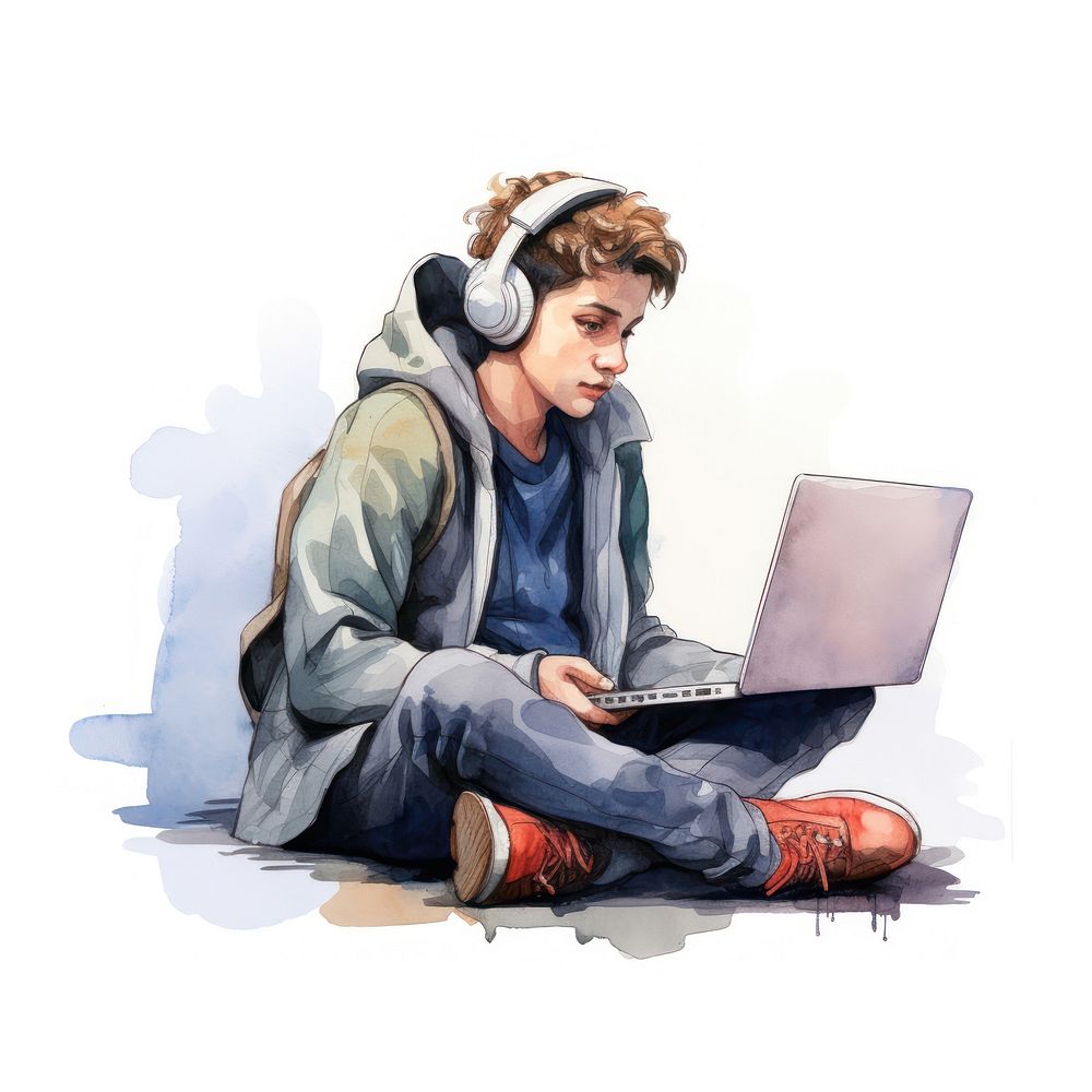 Laptop teenage sitting headphones.
