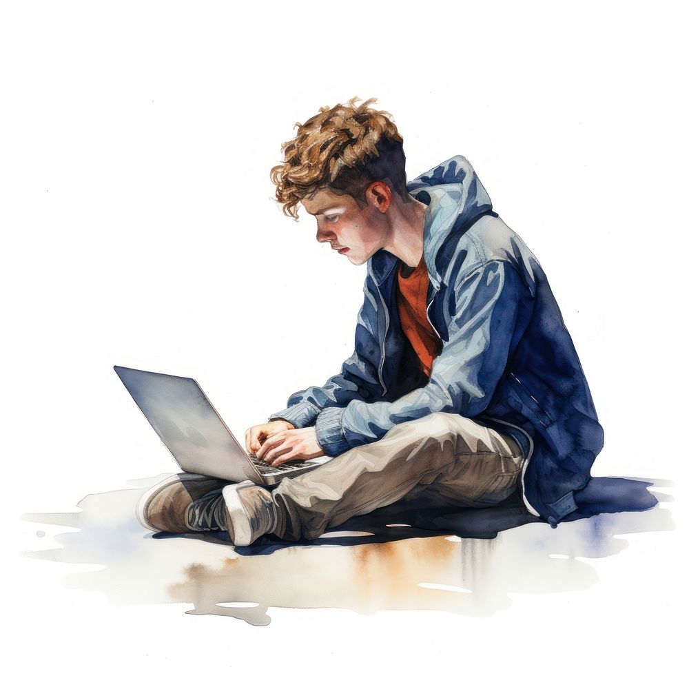 Laptop teenage sitting computer.