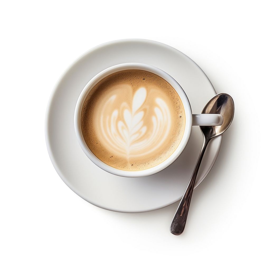 An espresso coffee cup spoon latte drink.