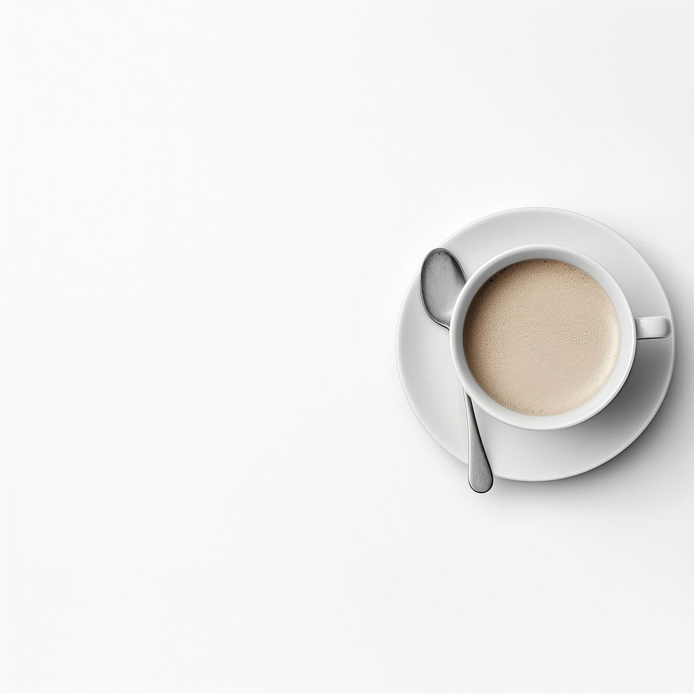 An espresso coffee cup spoon saucer drink.