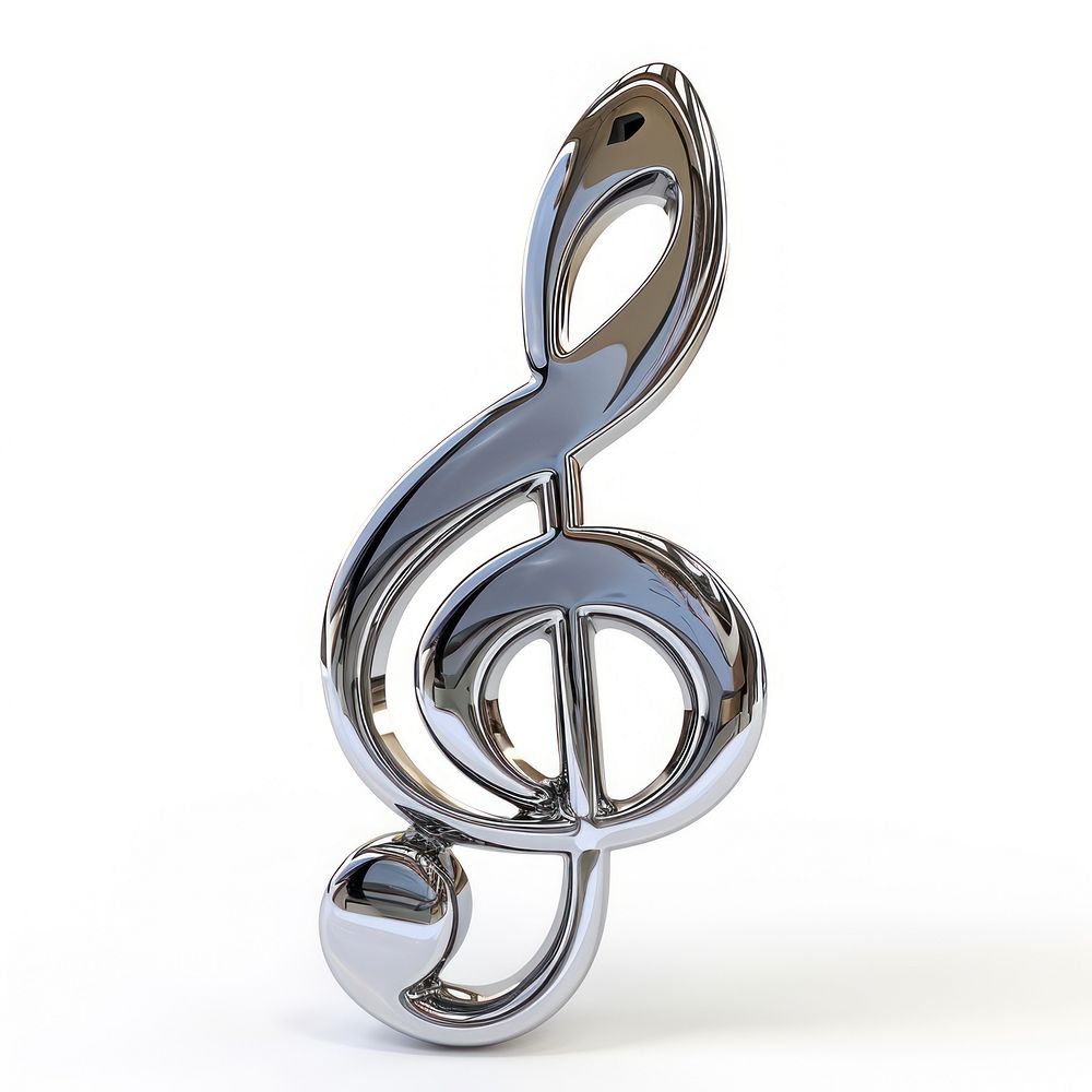 Music note chrome material silver shape white background.