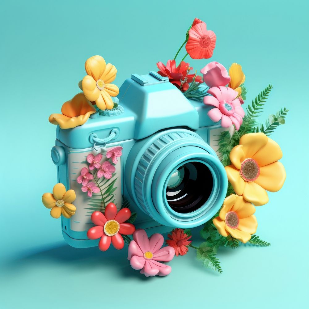 3D surreal of a camera with flowers plant petal art.