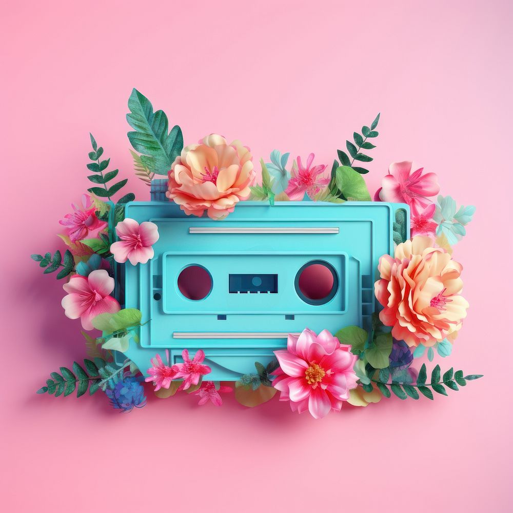 3D surreal of a cassette tape with flowers plant celebration electronics.