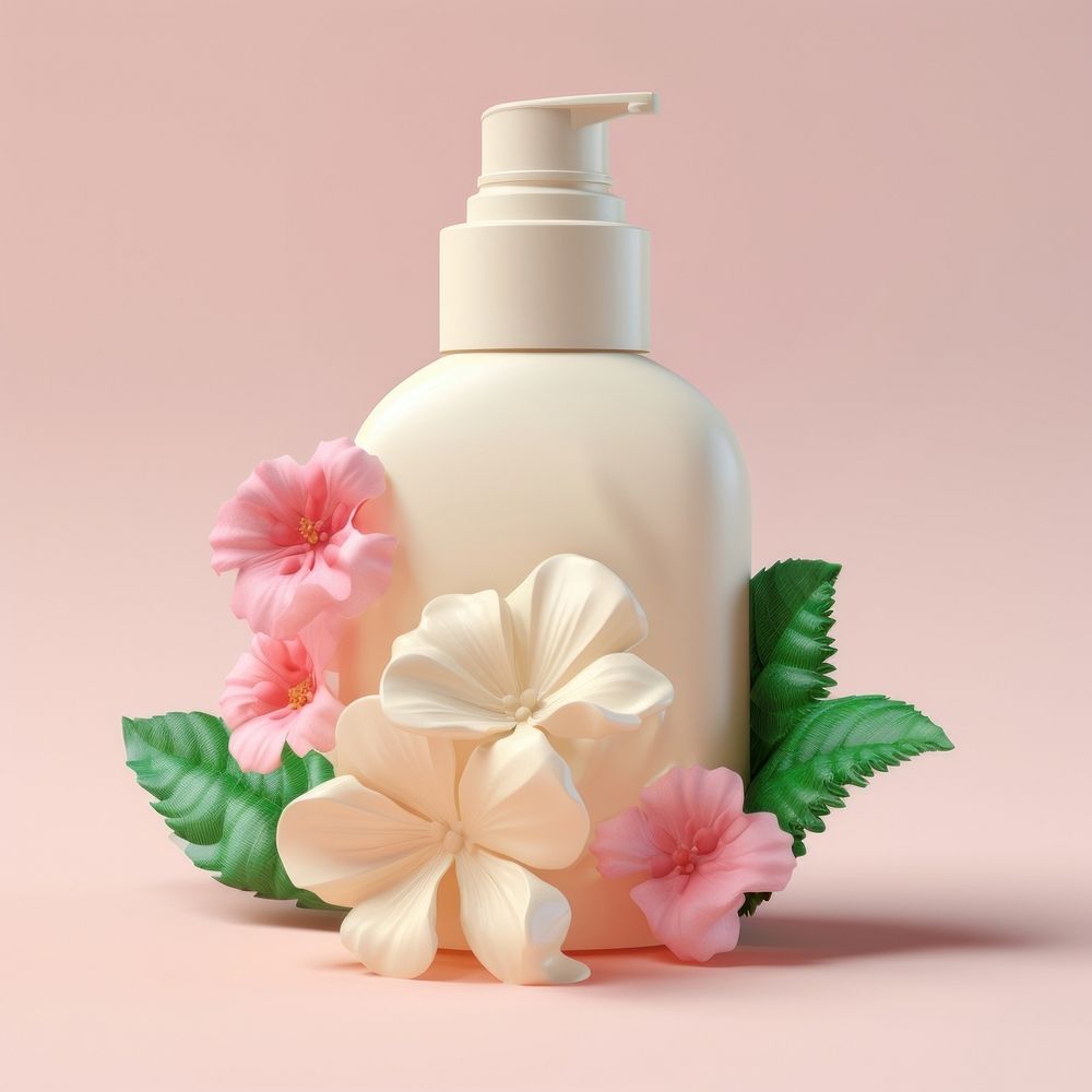 3D surreal of a cream bottle with flowers plant petal freshness.