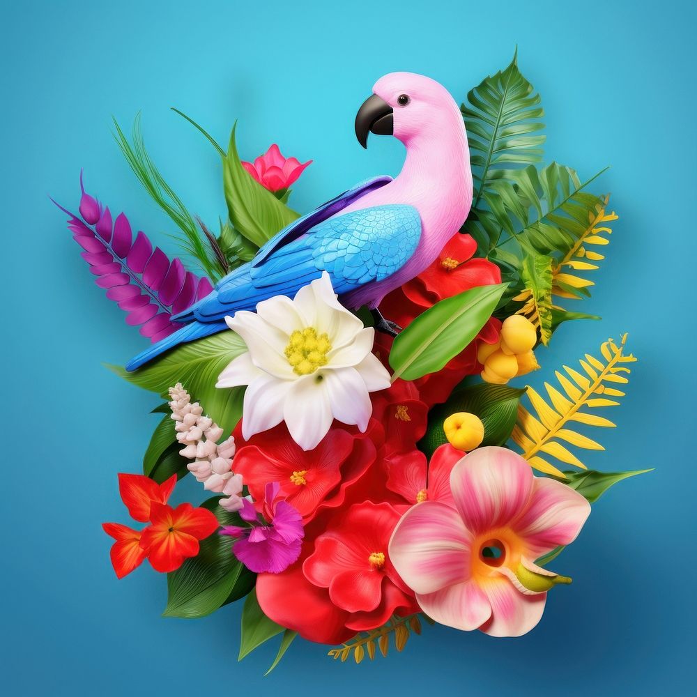 3D surreal of a bird with tropical flowers parrot plant petal.