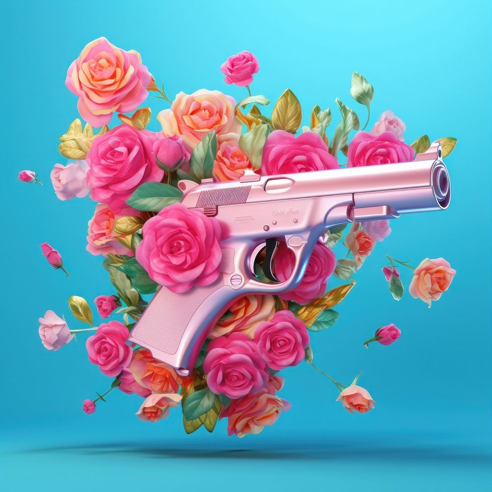 3D surreal of a gun in the air with flowers handgun plant rose.
