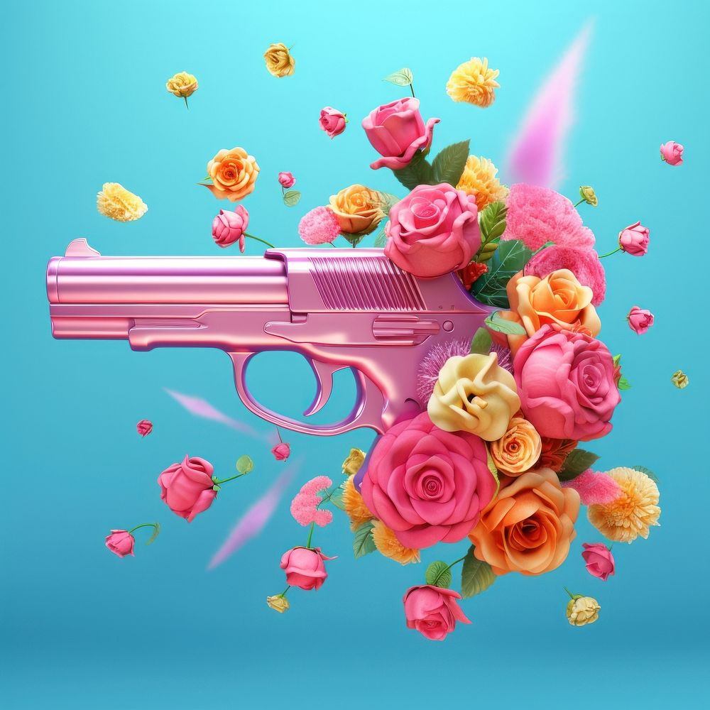3D surreal of a gun in the air with flowers handgun petal plant.