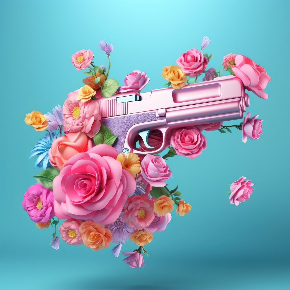 3D surreal of a gun in the air with flowers handgun weapon plant.
