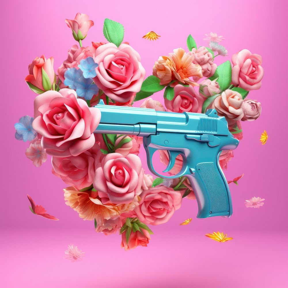 3D surreal of a gun in the air with flowers handgun weapon plant.