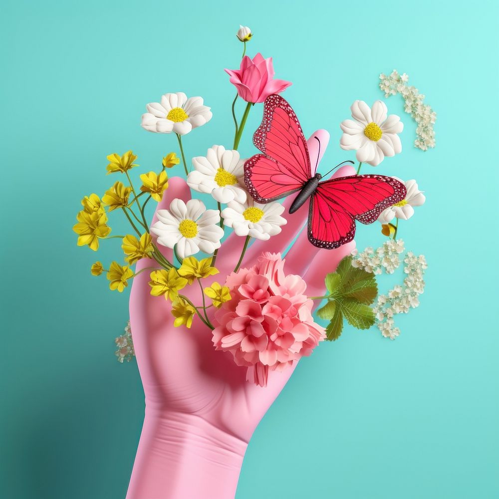 3D surreal of a hand with flowers and butterfly petal plant adult.