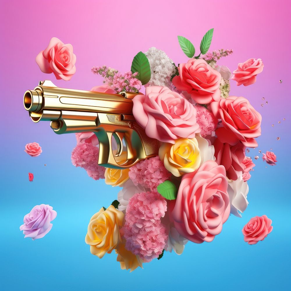 3D surreal of a handgun in the air with flowers plant petal rose.