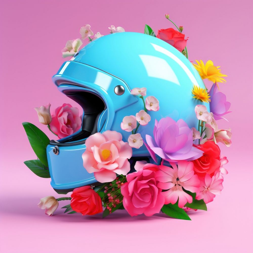 3D surreal of a helmet with flowers plant protection freshness.