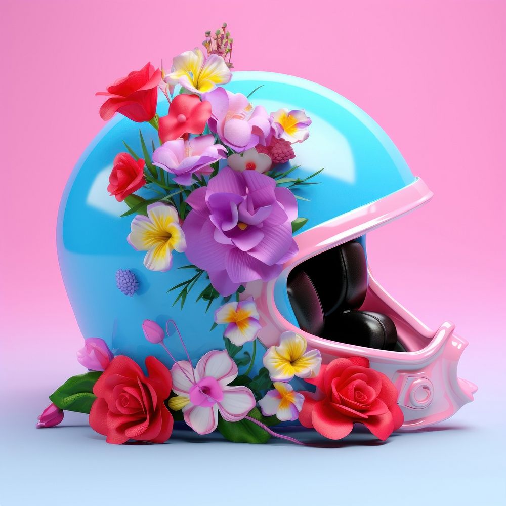 3D surreal of a helmet with flowers plant celebration protection.