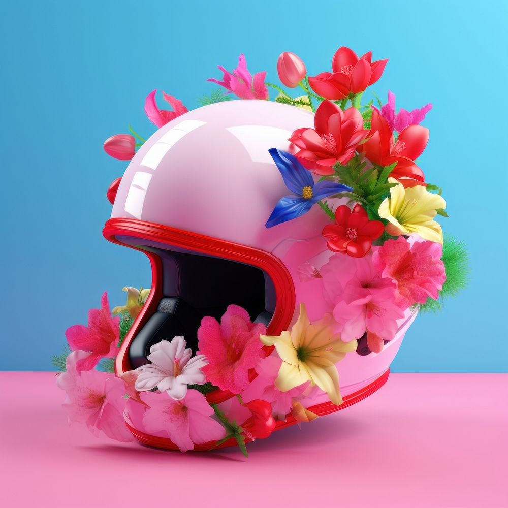 3D surreal of a helmet with flowers plant protection floristry.