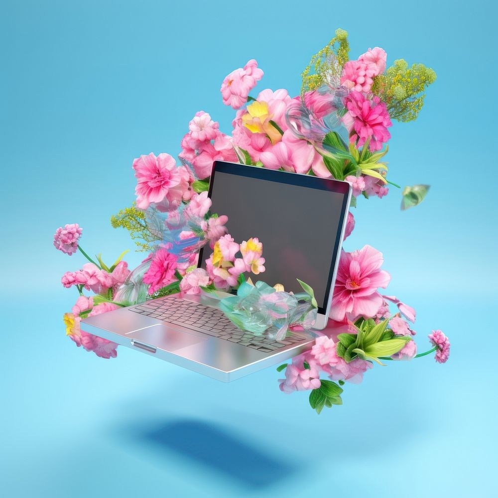 3D surreal of a laptop in the air with flowers computer plant electronics.