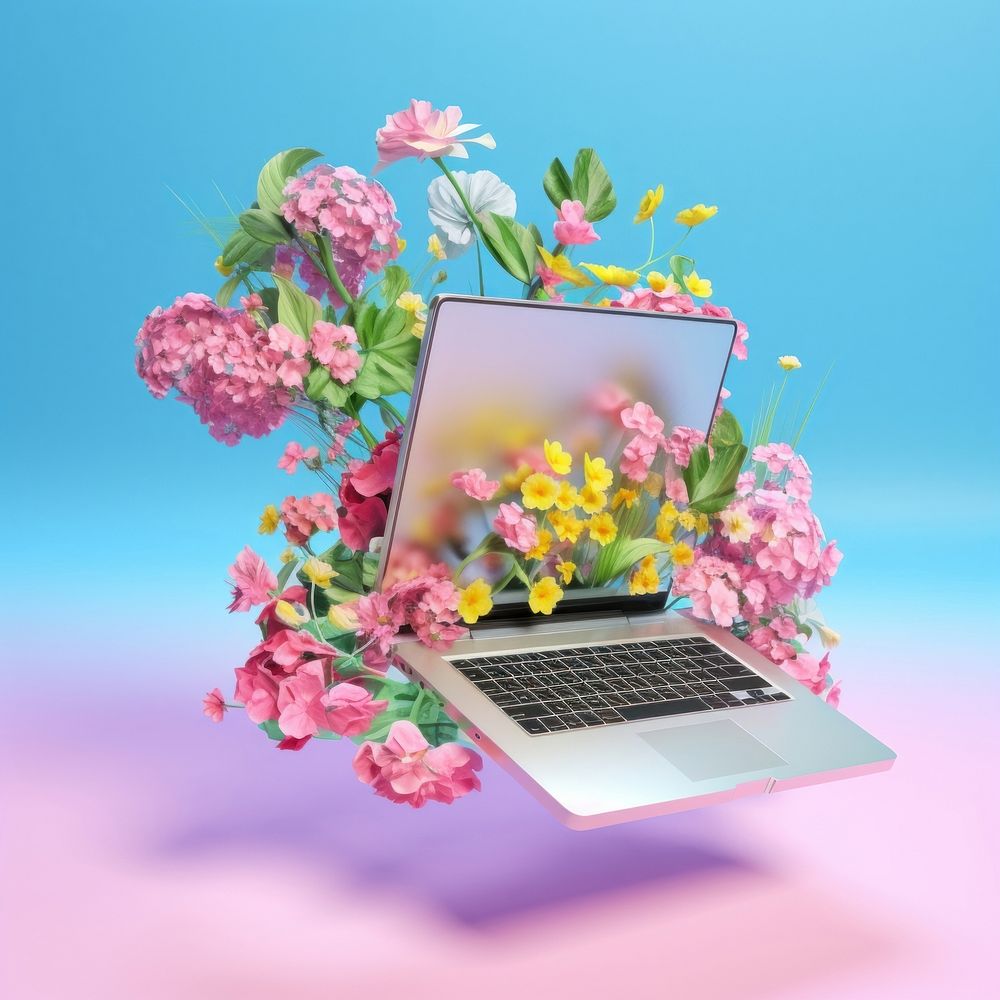 3D surreal of a laptop in the air with flowers computer plant petal.