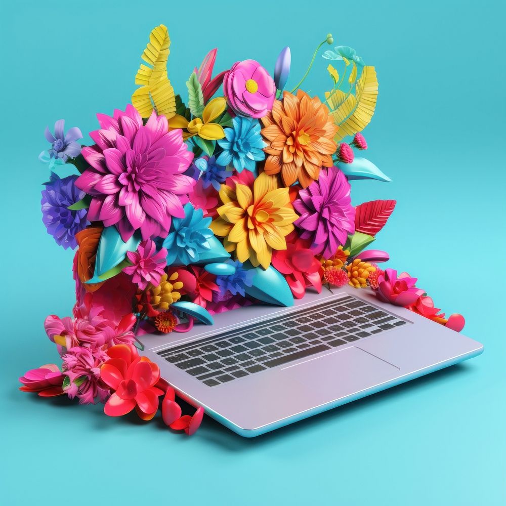 3D surreal of a laptop with flowers computer plant petal.