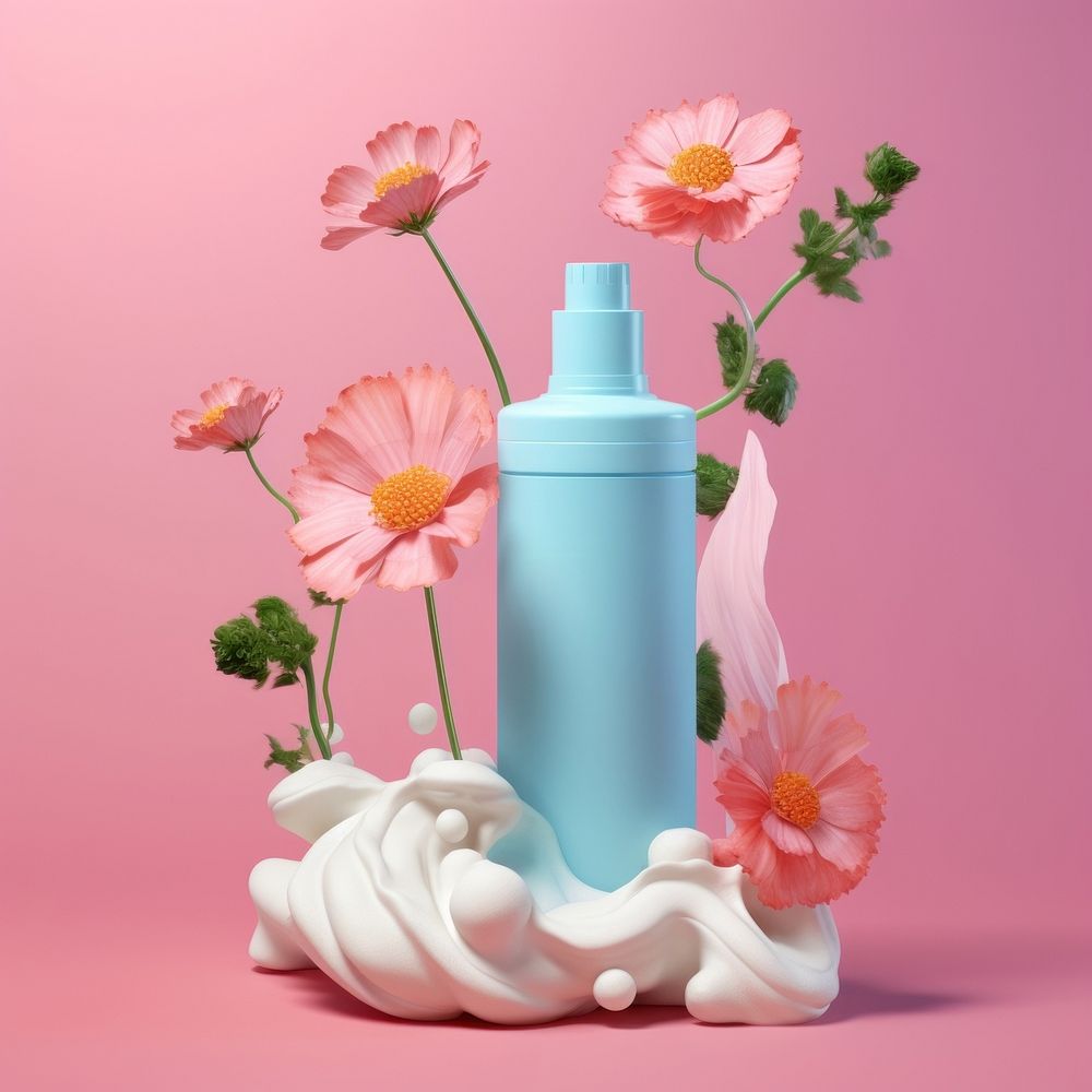 3D surreal of a skincare product with flowers bottle plant petal.