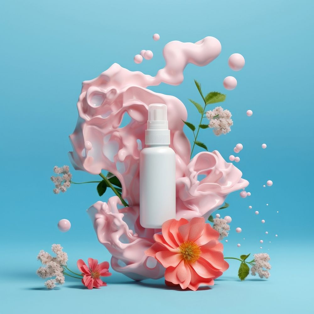 3D surreal of a skincare product with flowers petal plant freshness.