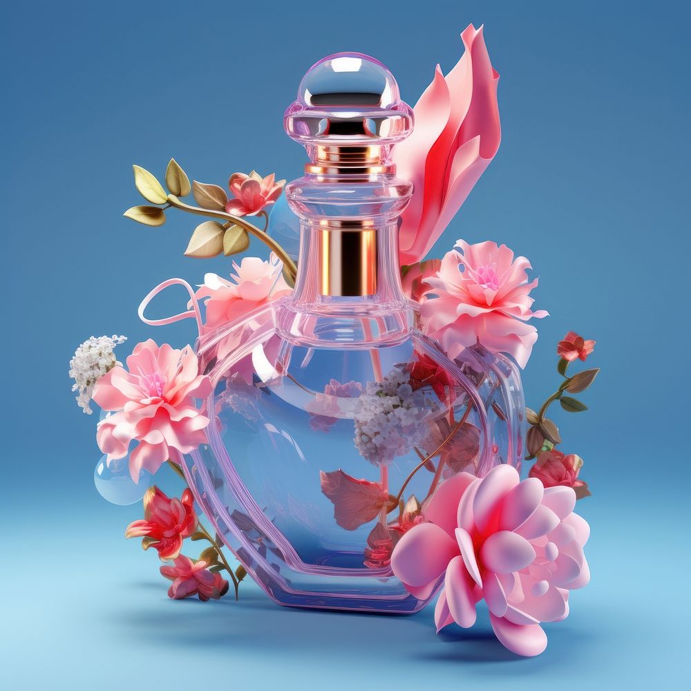 3D surreal of a perfume bottle with flowers cosmetics plant container.