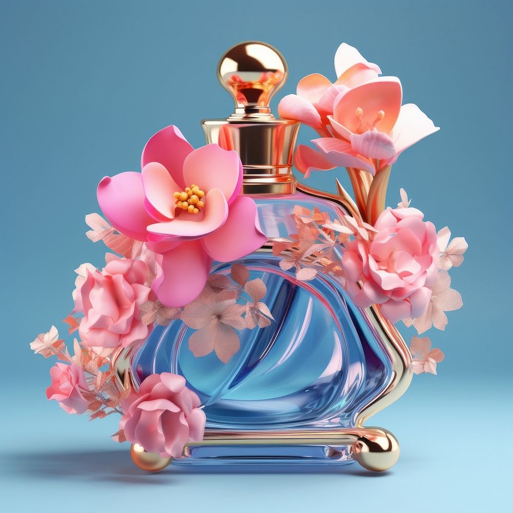 3D surreal of a perfume bottle with flowers plant petal container.
