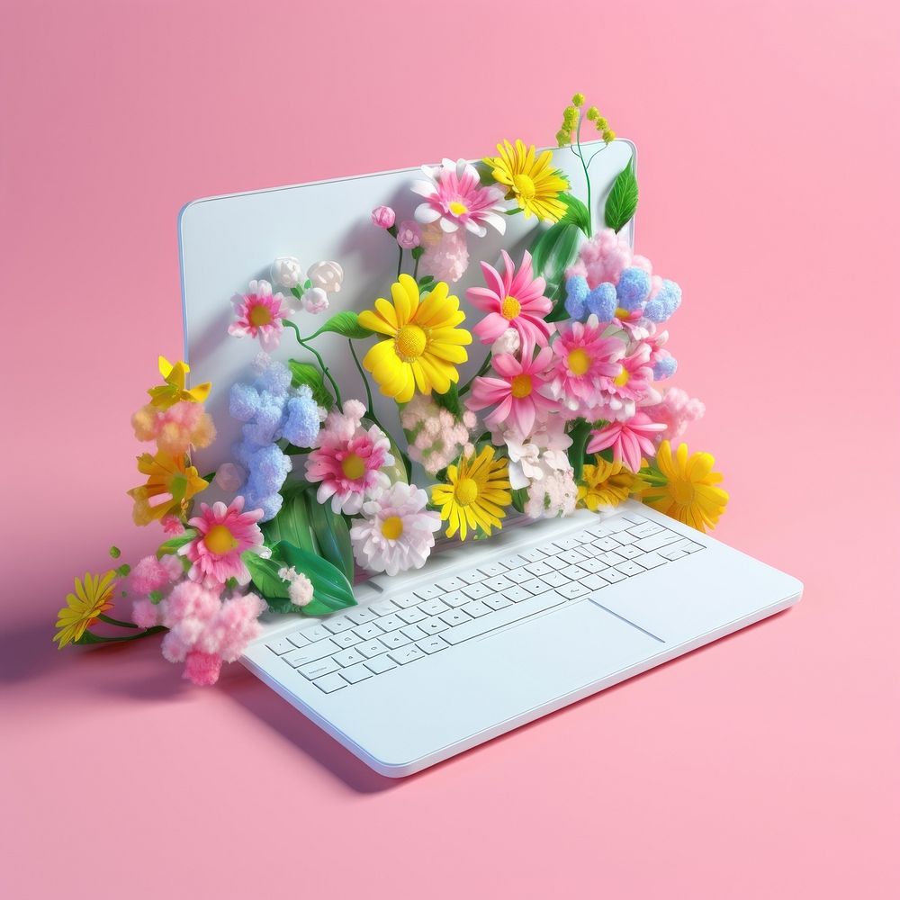 A white laptop with flowers computer plant petal.