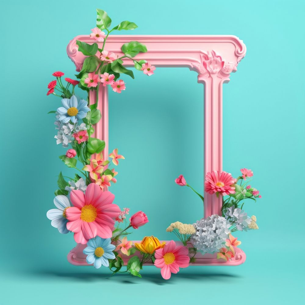 3D surreal of a window frame with flowers plant art creativity.