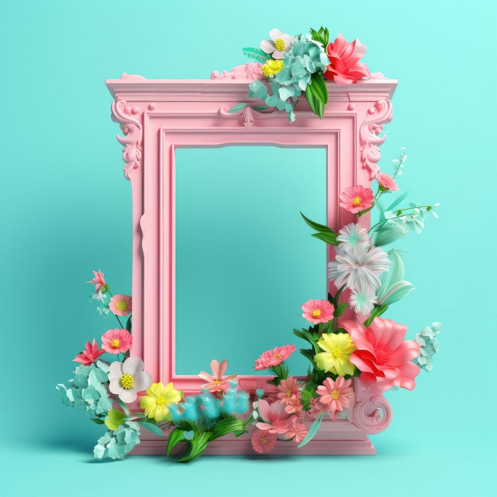 3D surreal of a window frame with flowers plant rose art.