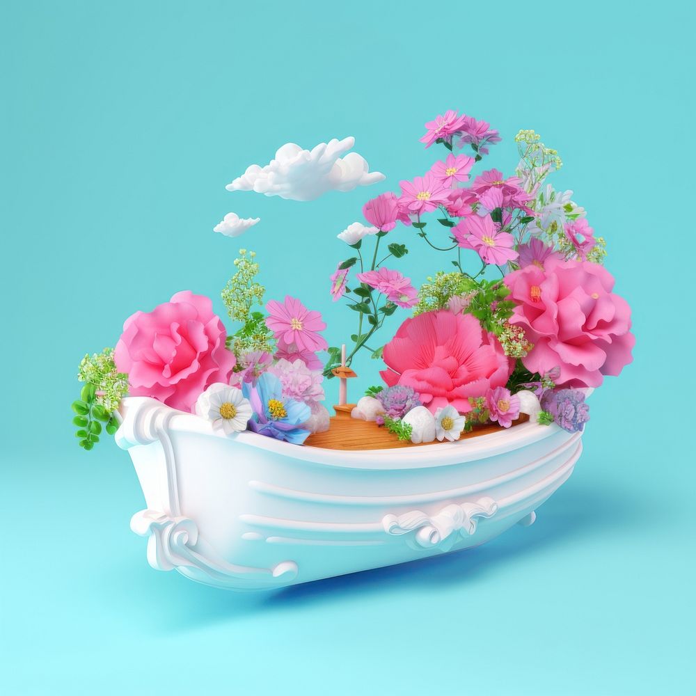 3D surreal of an boat in the air with flowers plant petal rose.