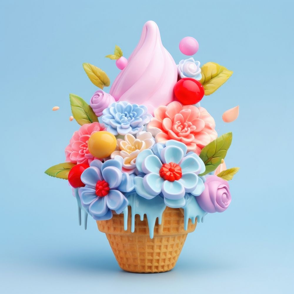 3D surreal of an icecream with flowers dessert cupcake icing.
