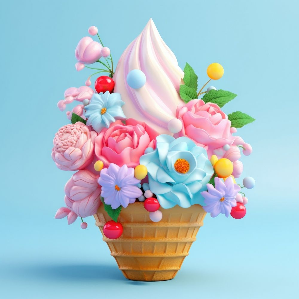 3D surreal of an icecream with flowers dessert cupcake plant.