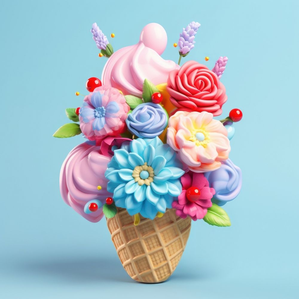 3D surreal of an icecream with flowers dessert plant food.