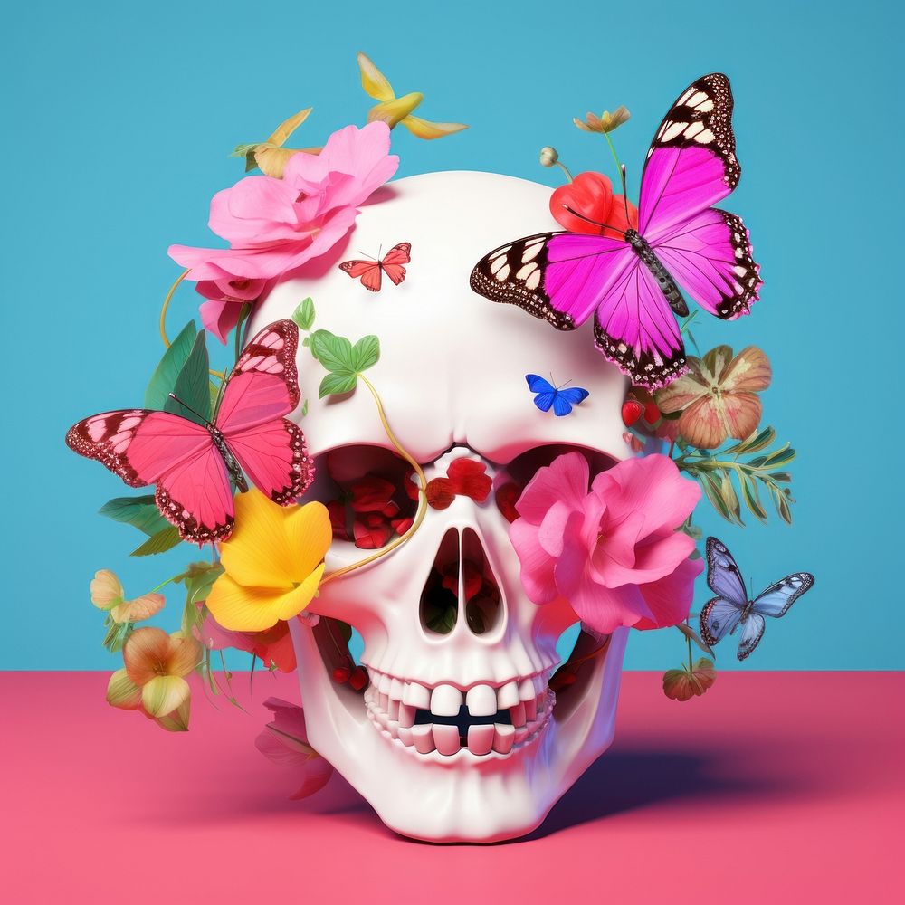 Skull with butterfly and flowers portrait plant petal.