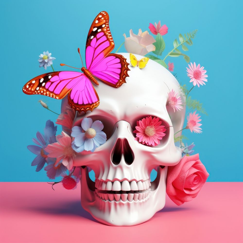 Skull with butterfly and flowers petal plant representation.