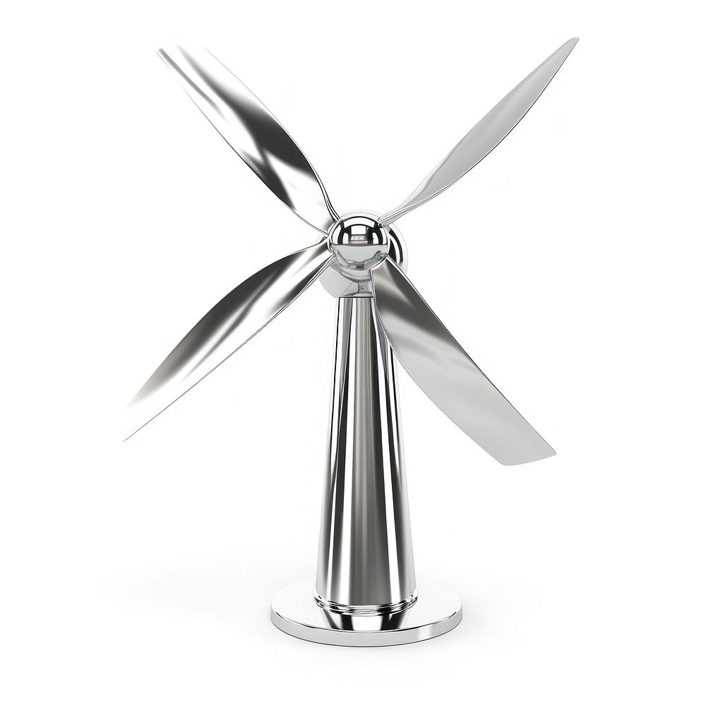 Wind turbine Chrome material propeller machine white background.