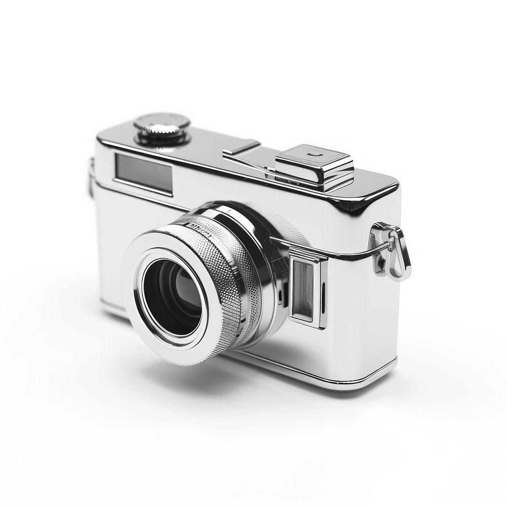 Mini camera toy chrome material white background photographing electronics.