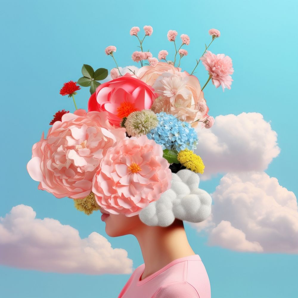 Woman with flowers and cloud over her head plant petal inflorescence.