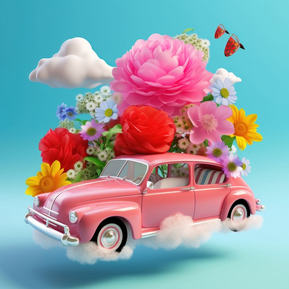 Vintage car with flowers and cloud in it vehicle plant petal.