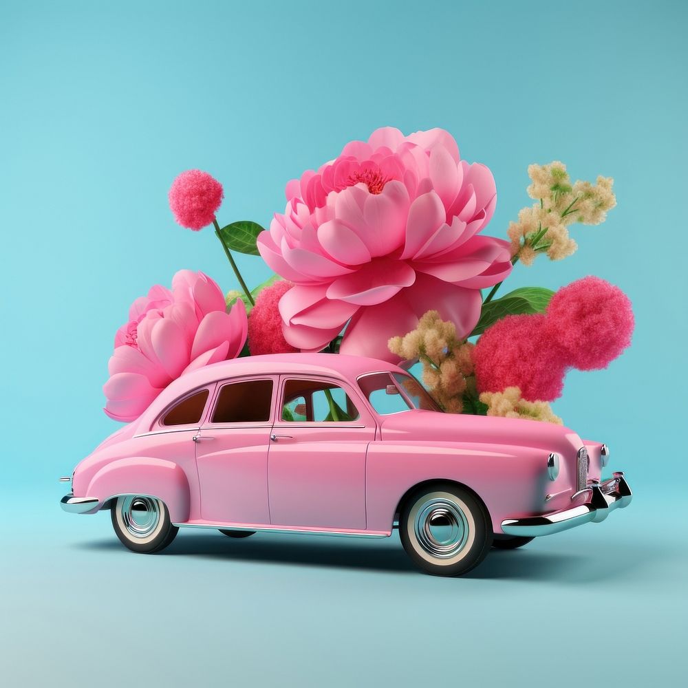 Vintage car with flowers and cloud in it vehicle wheel plant.