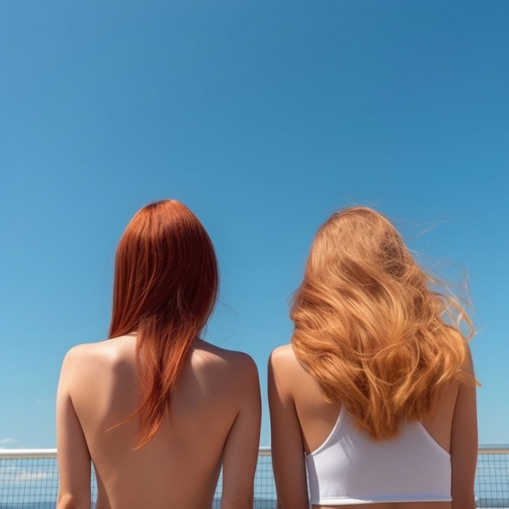 Two women sunbathing back adult sky.