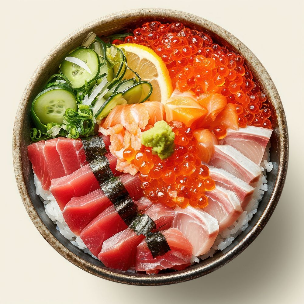 Sashimi Rice Bowl seafood salmon meal. AI generated Image by rawpixel.