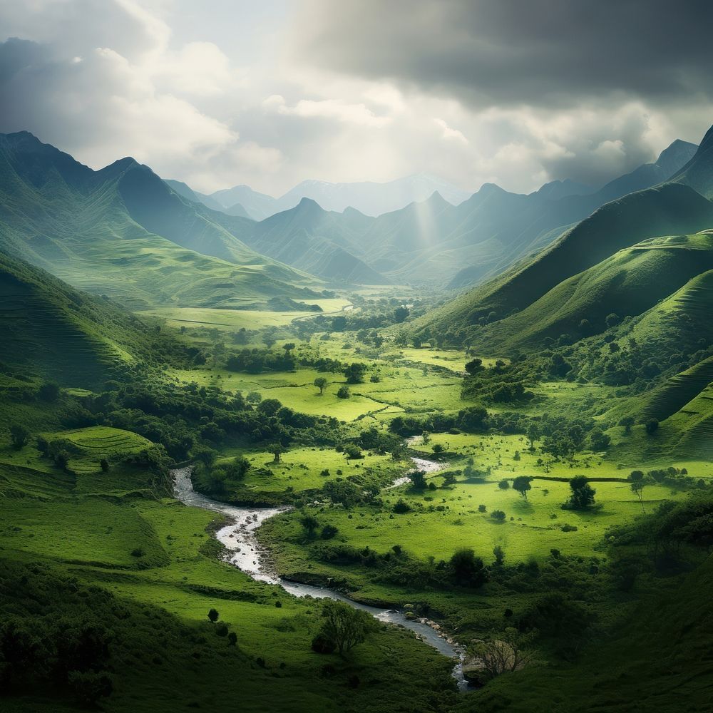 Valley green landscape mountain. AI generated Image by rawpixel.