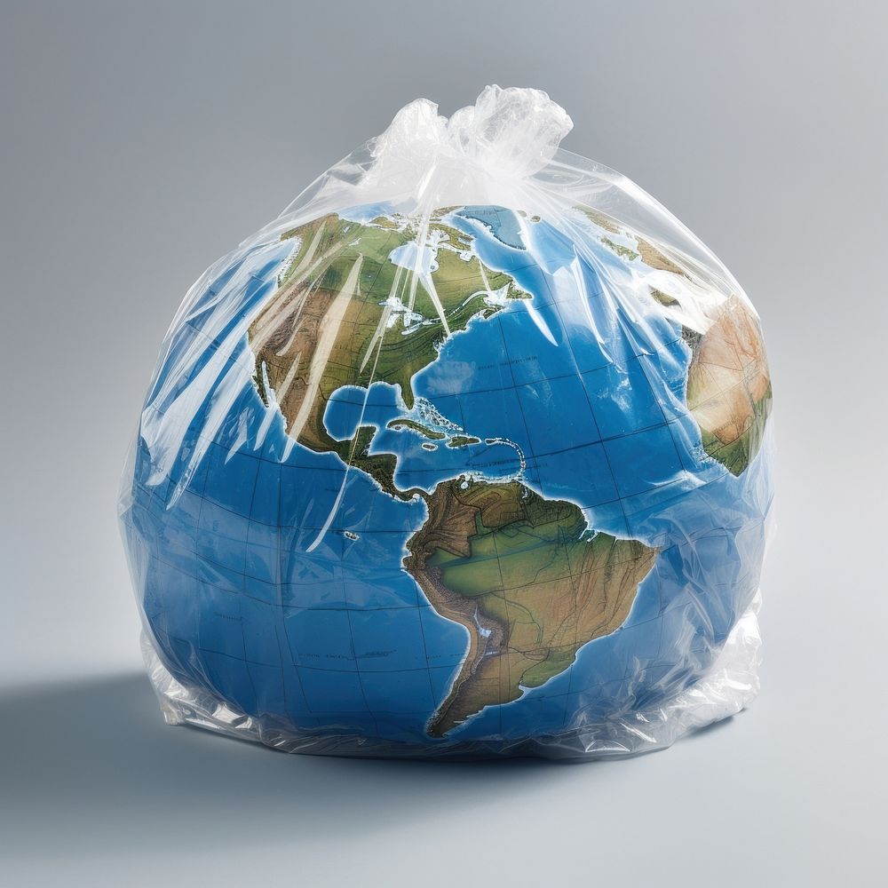 Plastic wrapping over a globe planet bag container.