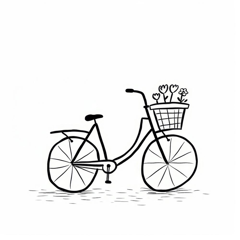 A bicycle in front of a basket full of flowers vehicle sketch wheel.