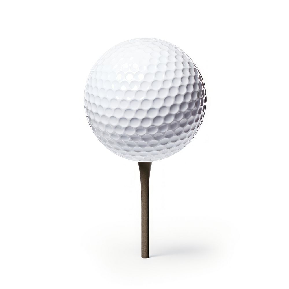 Golf ball on tee sports white white background.