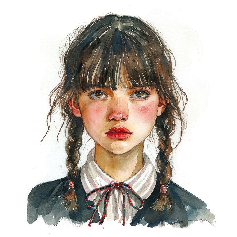 School girl portrait painting white background.